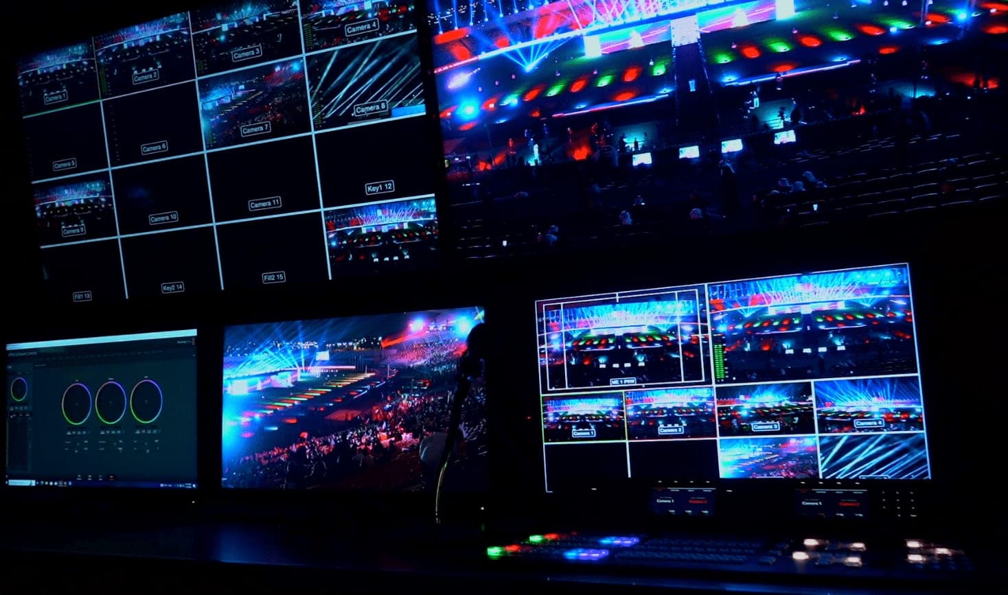 The broadcast gallery: a wall of camera feeds above the vision mixer
